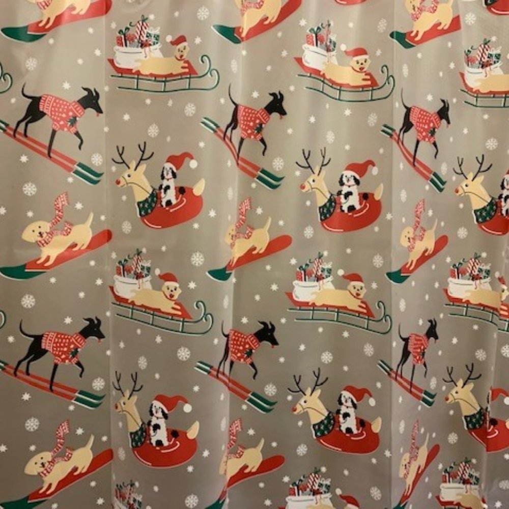 Holiday Dogs Reindeer Vinyl (Peva) Shower Curtain and Festive Curtain Hooks, EUC
